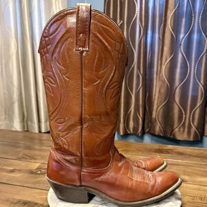 VTG 1970s 70s Cowboy Western Boots DINGO Brown Men Sz 9 Grip Soles USA